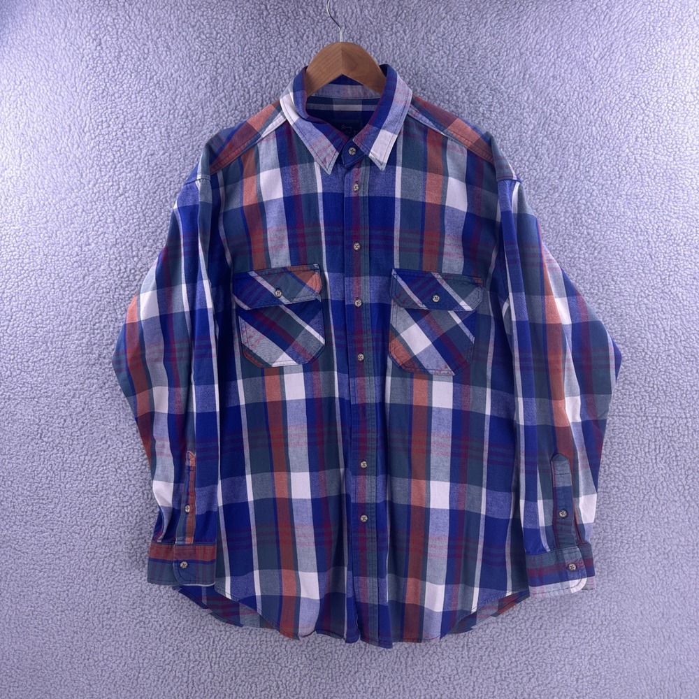 Vintage Woolrich Flannel Shirt Mens XL Blue Plaid Cotton Made in USA Button Up